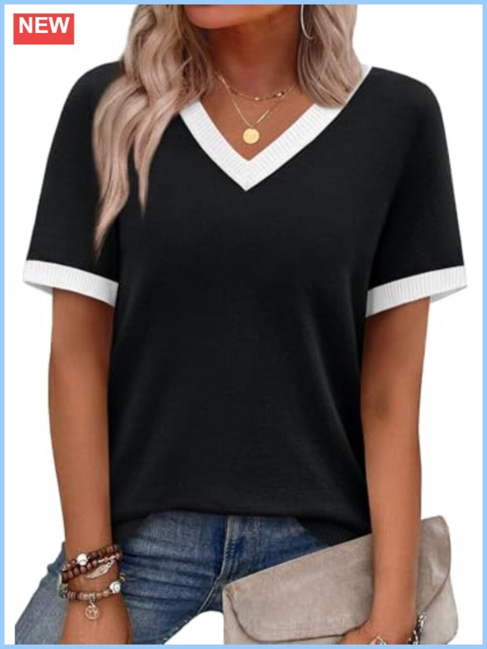 Women's V-Neck Short Sleeve Knit Colorblock Pullover Sweater Lightweight